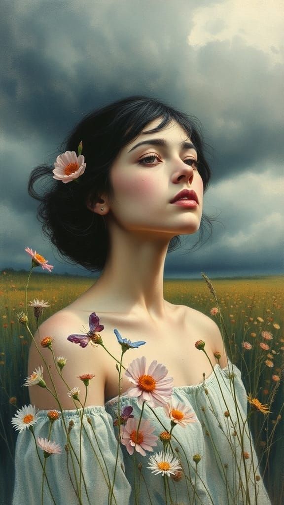 Pastel Portrait of Fantasy Visions with Wildflowers