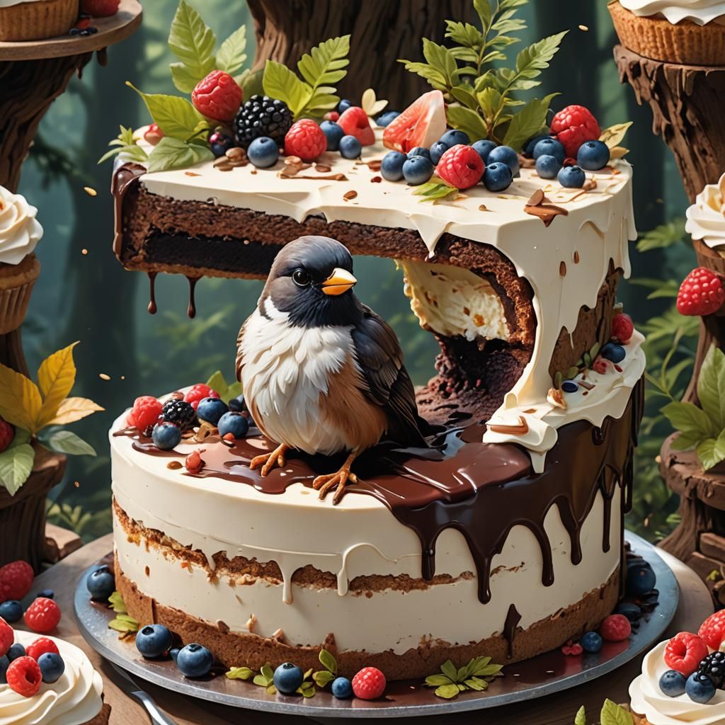 Bird in Cake Slice: 3D Forest River Portrait