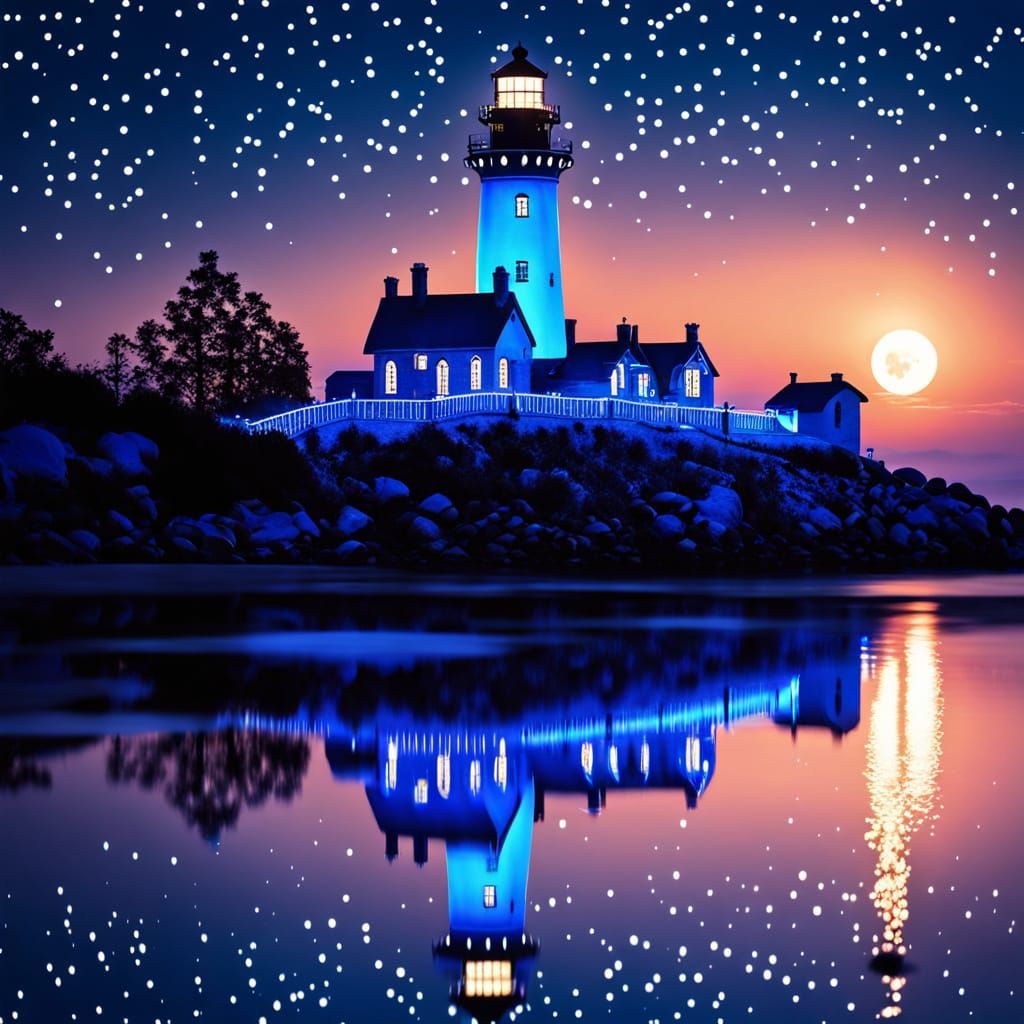 Vibrant Neon Blue Sunset with Stars and Sparkles