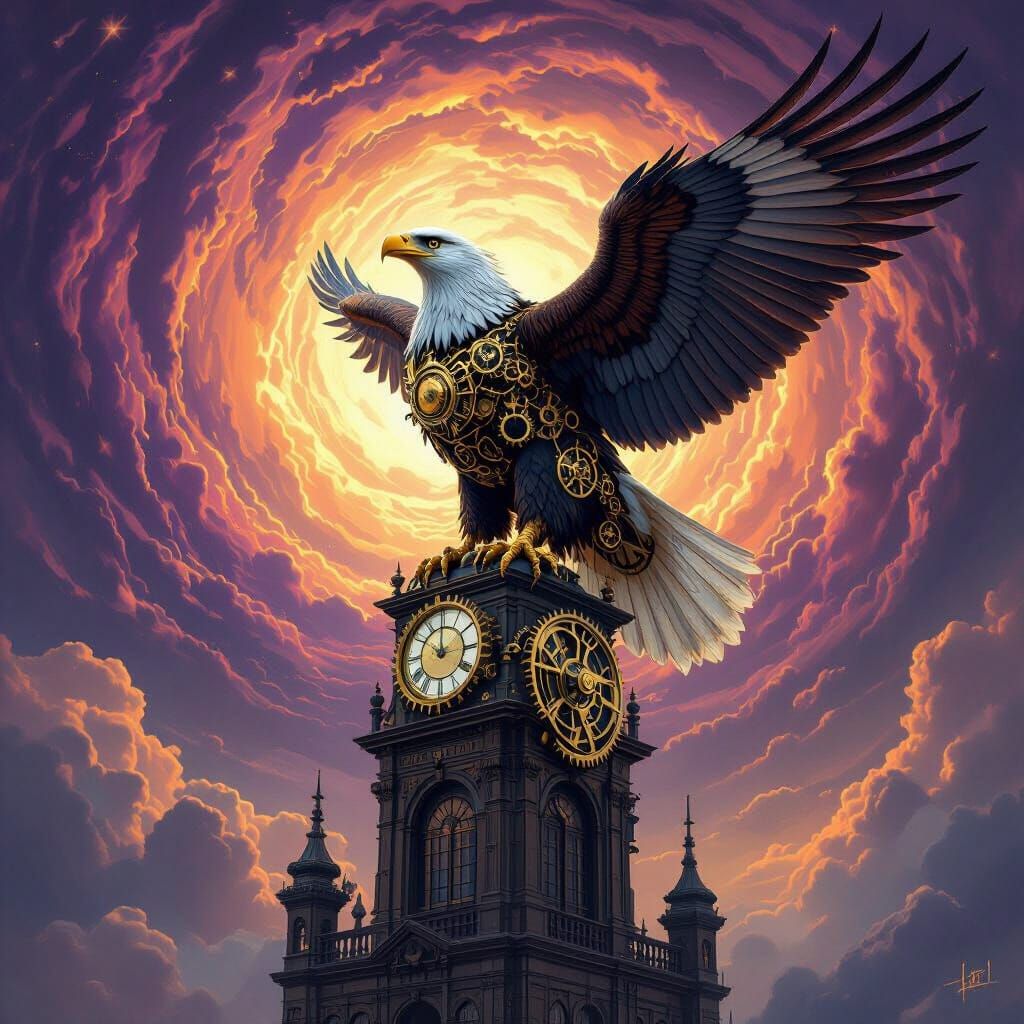 Steampunk Eagle with Clockwork Feathers Atop Victorian Obser...