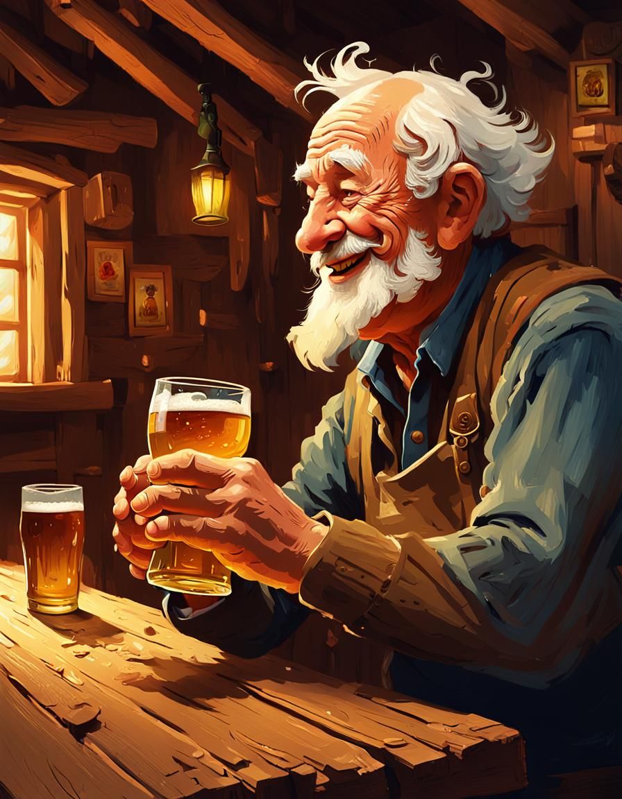 Laughing Old Man Drinking Ale: Digital Impasto Illustration