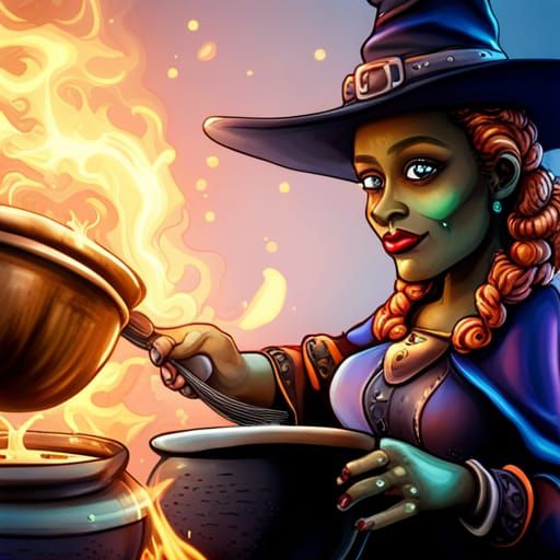 Black Rainbow Witch Stirring Cauldron: Detailed Image