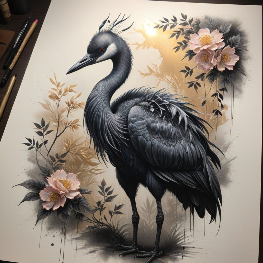 Black Cranes in Sfumato Technique with Gold Accents