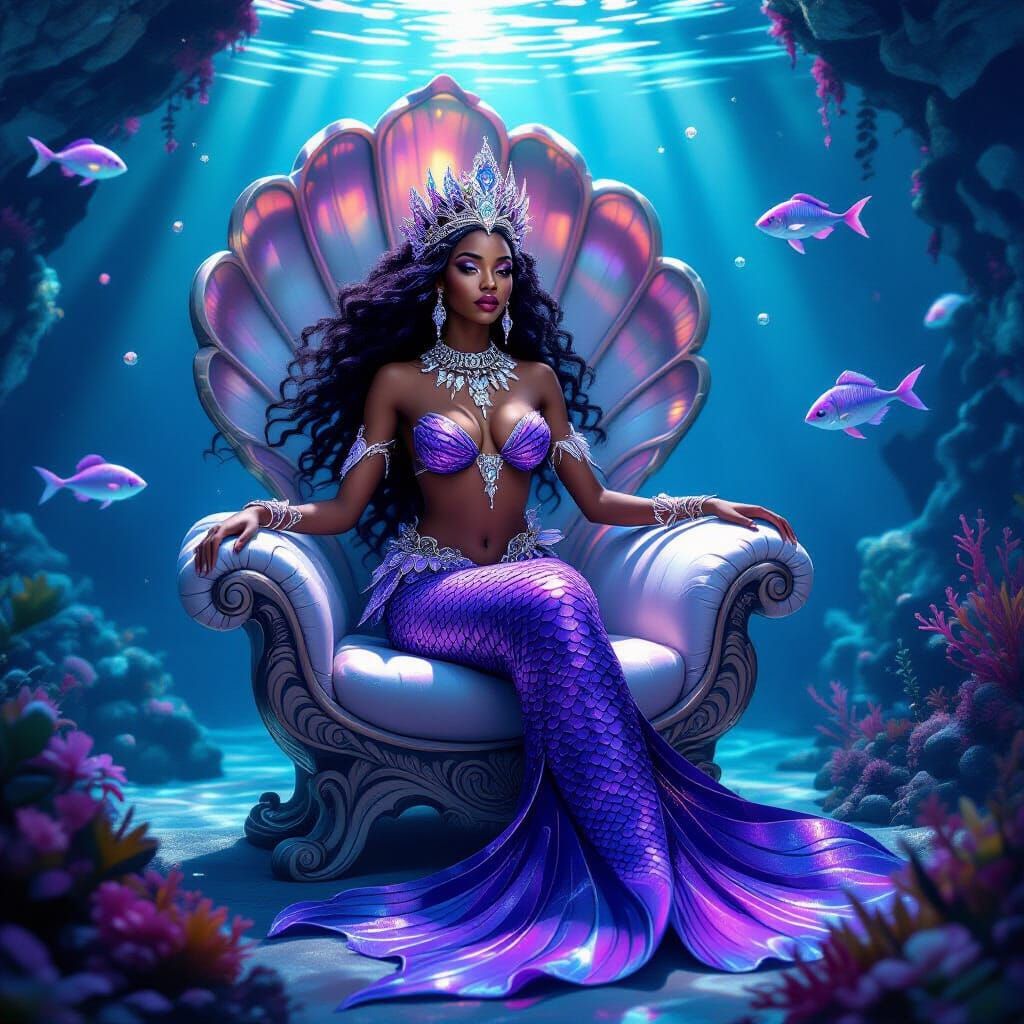 African Mermaid Queen in Underwater Palace