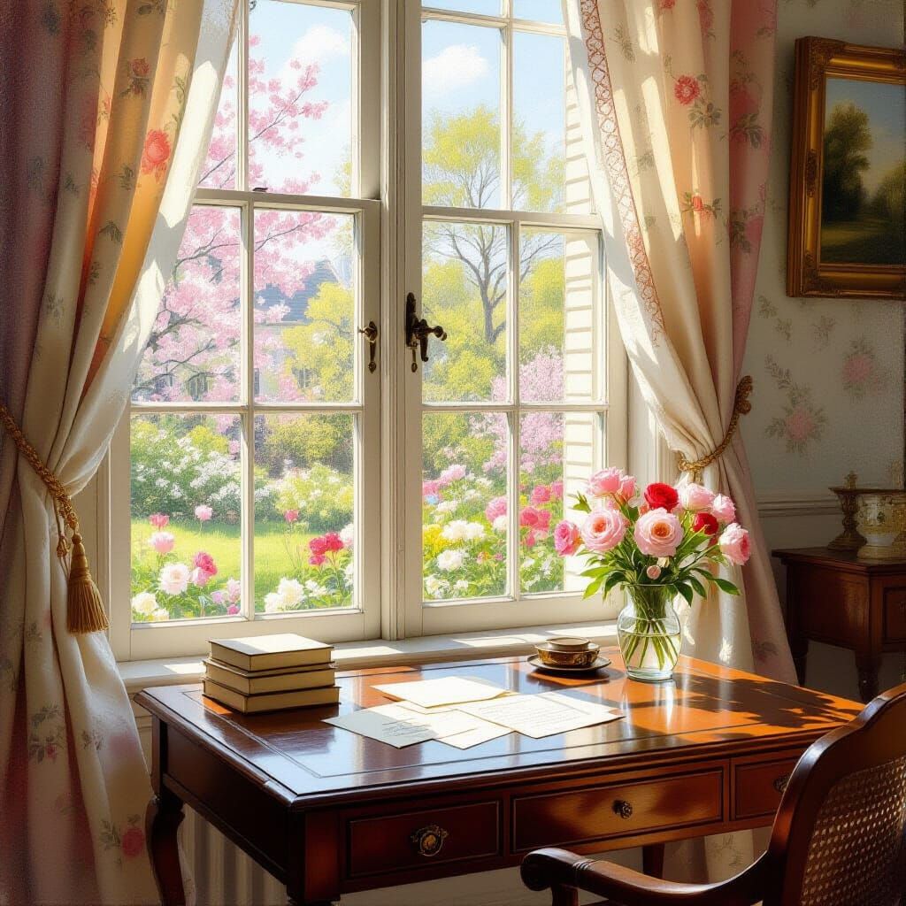 19th Century Drawing Room With Writing Desk and Garden View