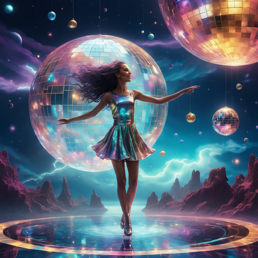 Golden Disco Dreamscape with Dancer and Celestial Bodies