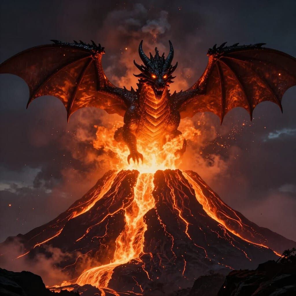 Obsidian Dragon Erupts from Fiery Volcano at Midnight
