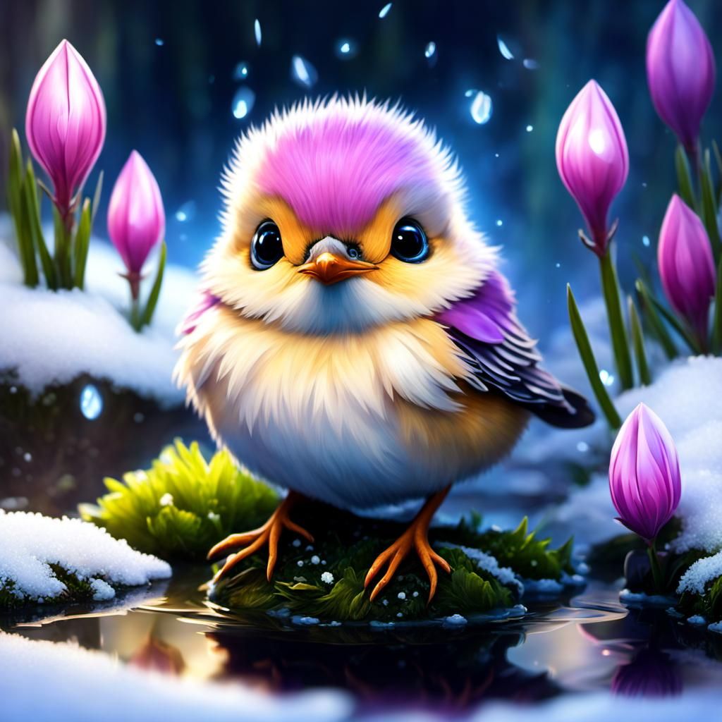 Chibi Pink Robin Chick in Forest, Monge Style