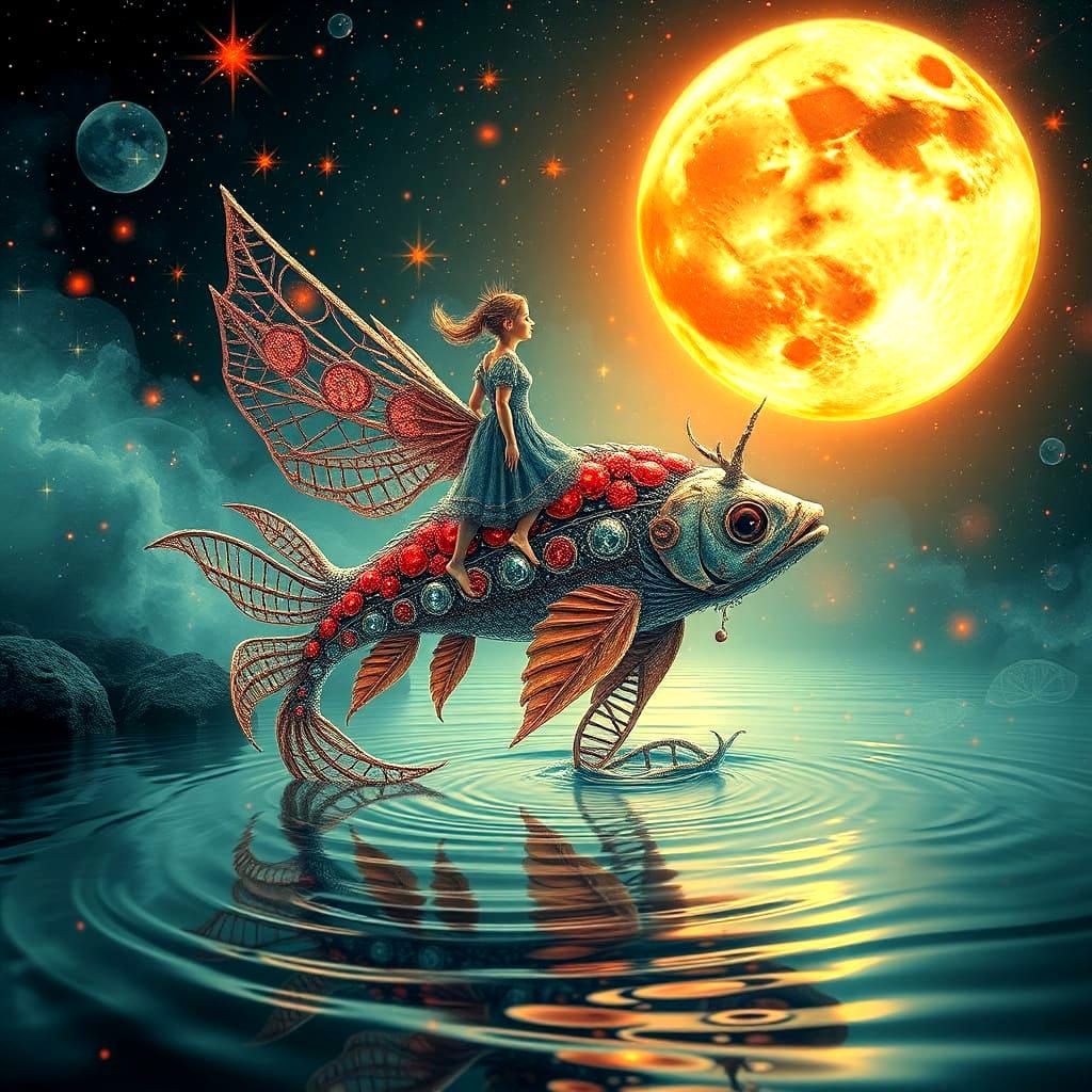 Surreal Goddess Ascends to the Moon on a Stylized Bird-Fish ...