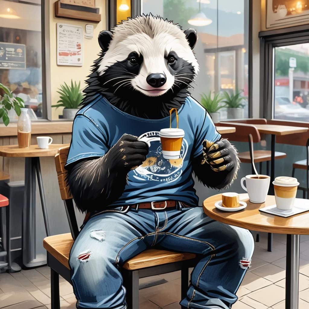 Anthropomorphic Honey Badger at Cafe Enjoying Coffee