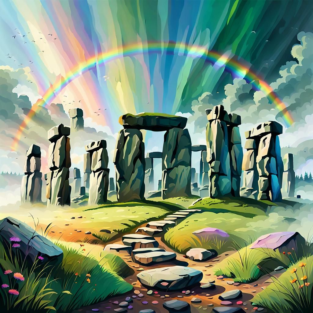 Impressionist Stonehenge Landscape with Rainbow Stones