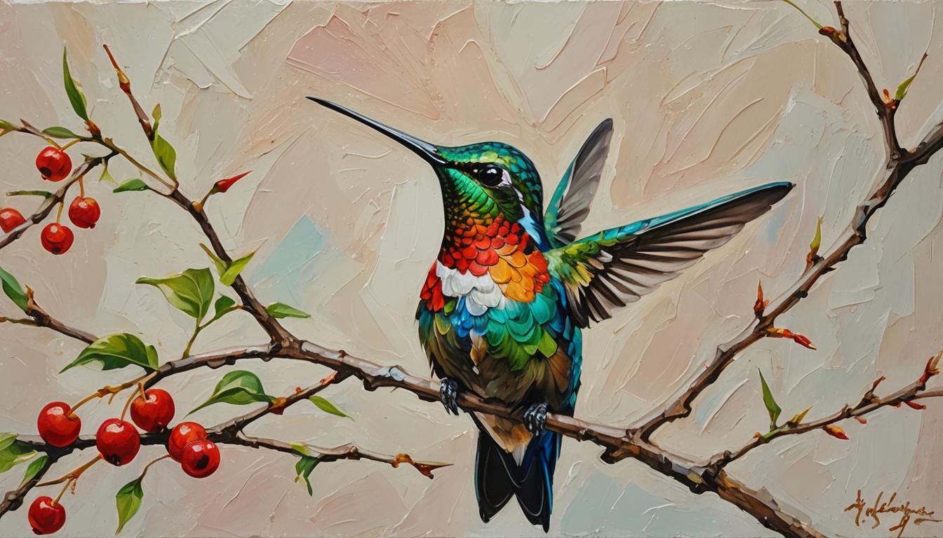 Hummingbird on Cherry in Impasto Gouache Style