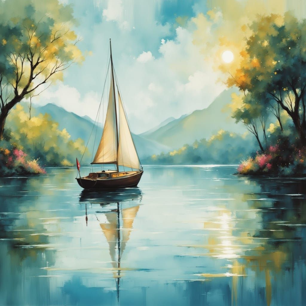Serene Impressionist Lake Scene with Solo Sailboat