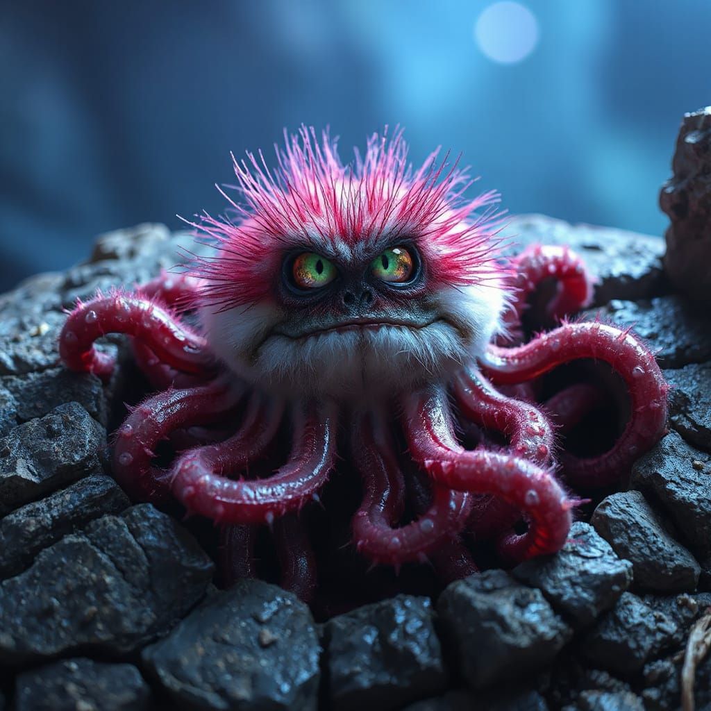 Tiny Neon Furry Creature with Watery Eyes in Rock Fissure