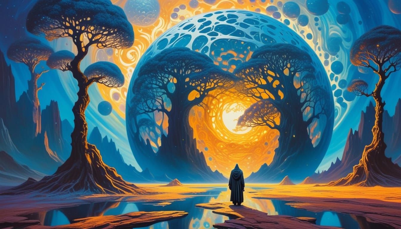 Cloaked Figure Gazing at Crystal Sphere in Expressionist Oil...