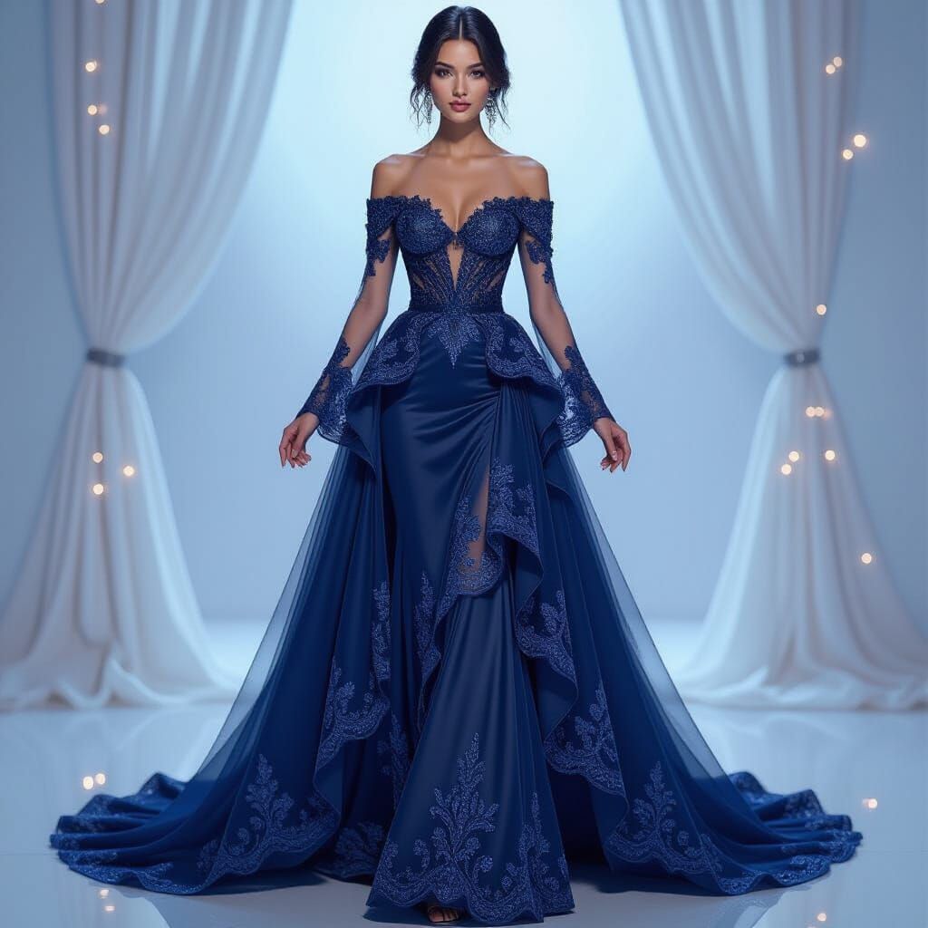 Elegant Black and Blue Gown with Lace Skirt and Halter Neck