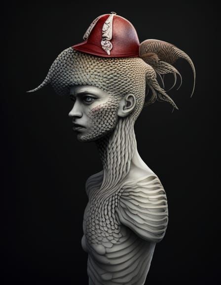 Surreal Dystopian Image: Men Angered by Mermaid