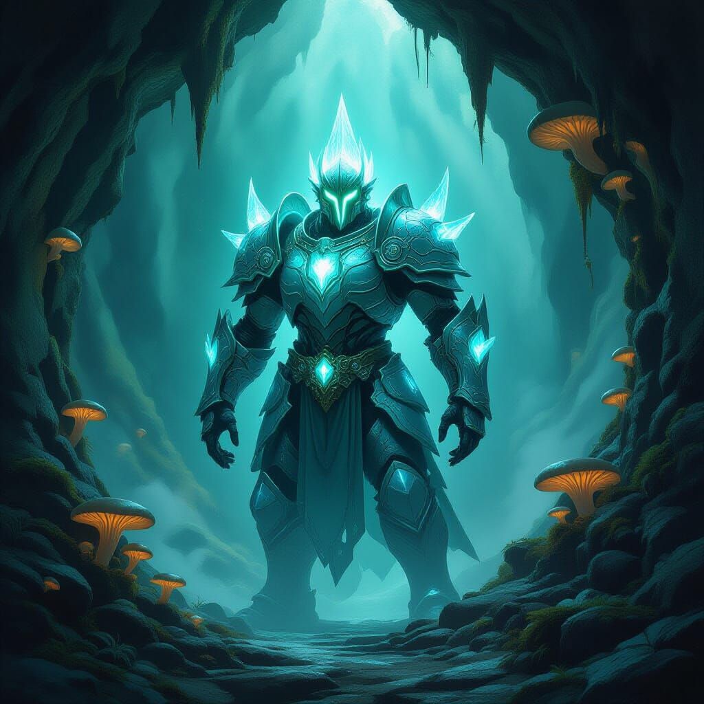 Bioluminescent Crystal Golem Guarding a Portal