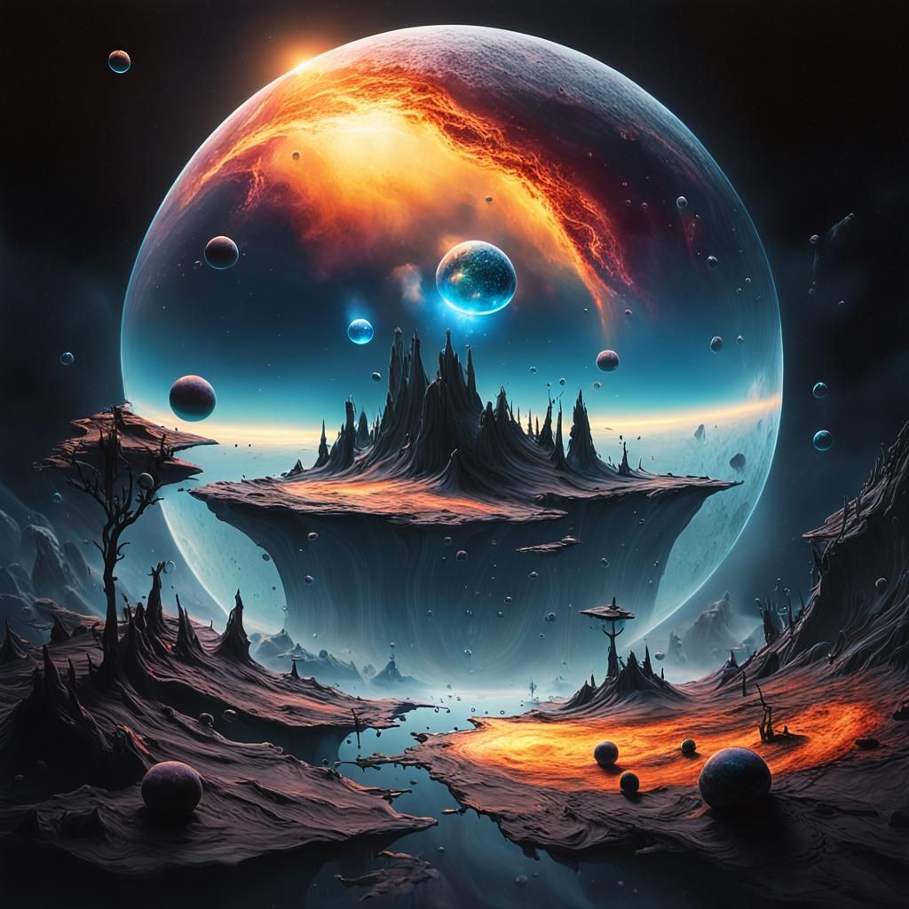 Surreal Multidimensional Universe with Glowing Planets