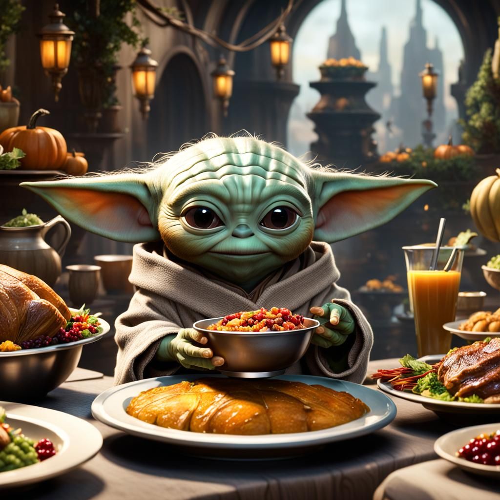 Baby Yoda's Thanksgiving Dinner: Detailed Matte Painting