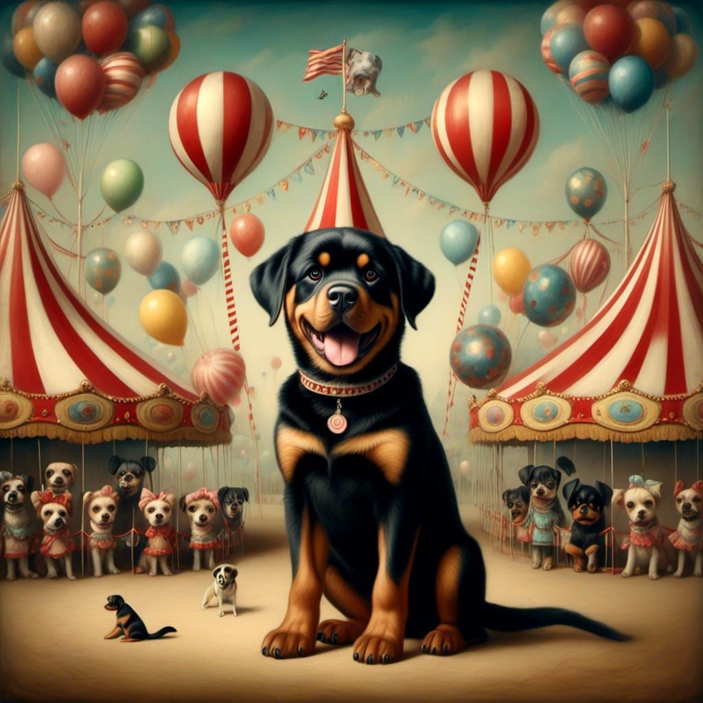 Rottweiler dog circus surreal,