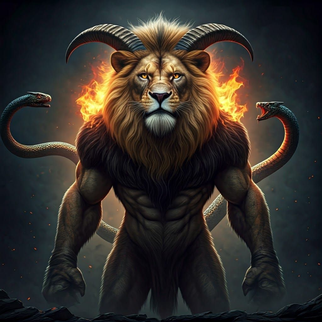 Hyper-Realistic Chimera Portrait in Fiery, Dramatic Lighting