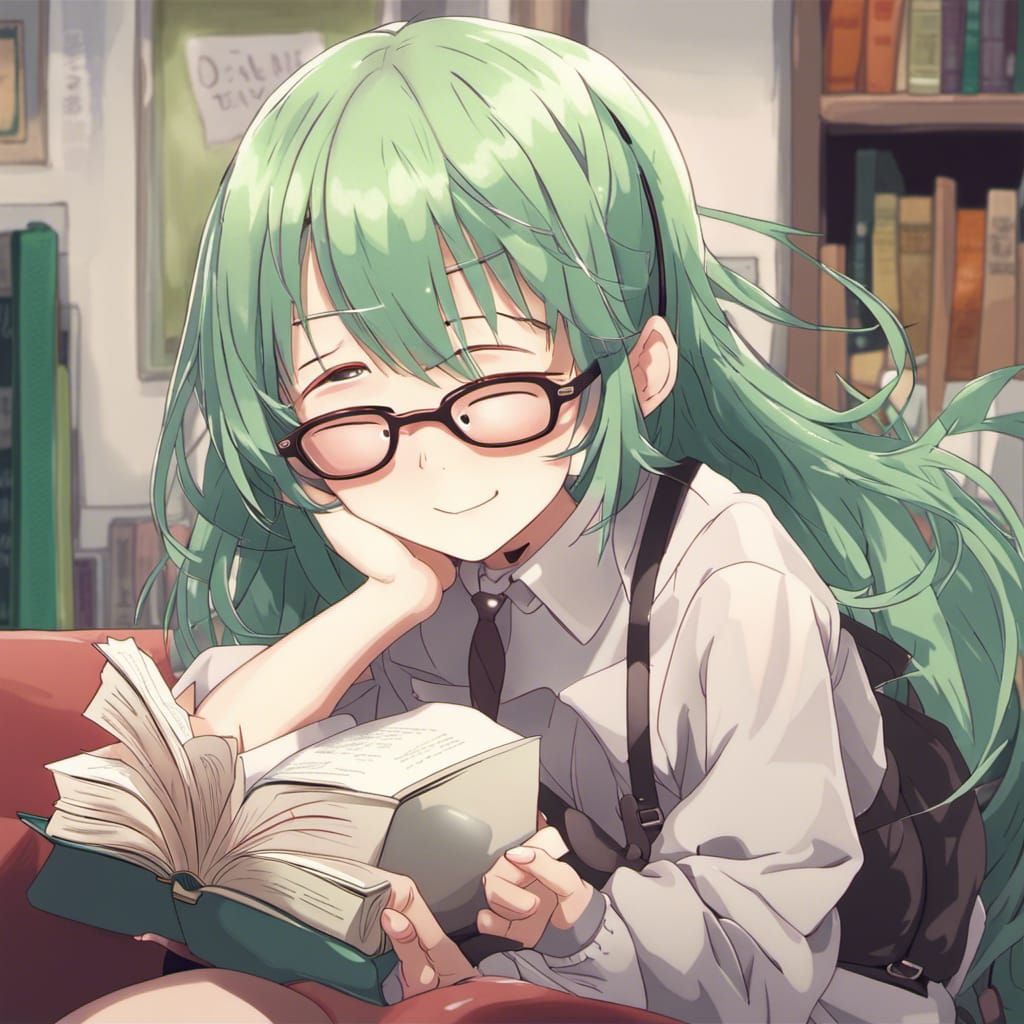 Anime Girl with Green Hair Reading a Book