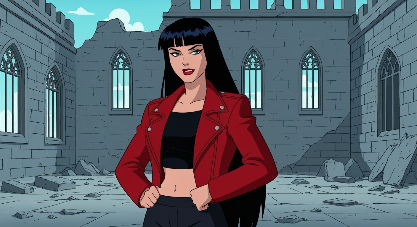 Confident Woman in Ruins: 90s Animation Scene