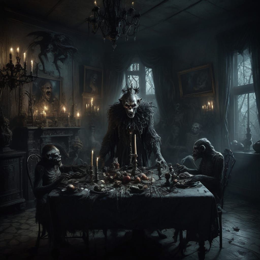 Eerie Surrealist Masterpiece: Haunted Mansion Bridge Party