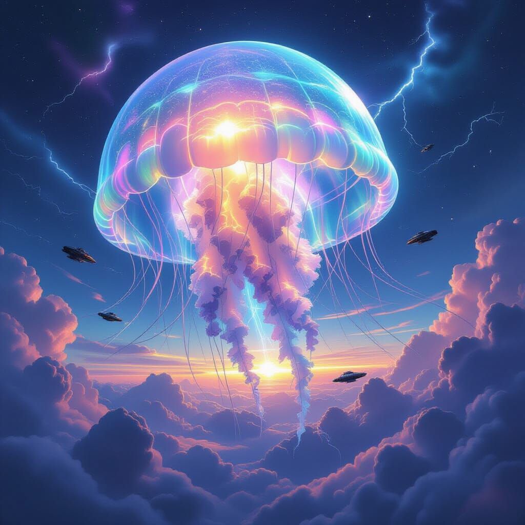 Giant Bioluminescent Jellyfish in Gas Giant Atmosphere