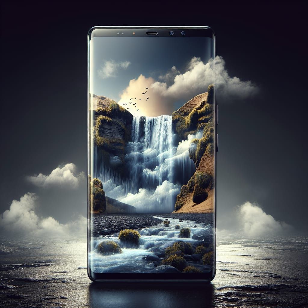 Thundering Cascade Double Exposure in Smartphone