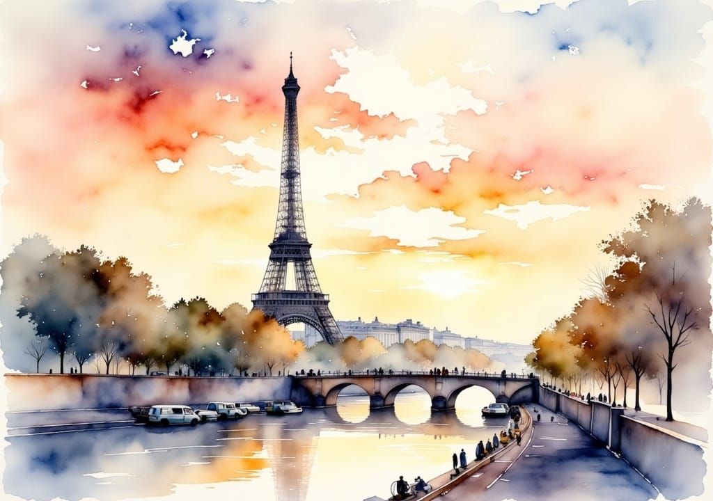 Eiffel Tower Watercolor Painting in Impressionist Style