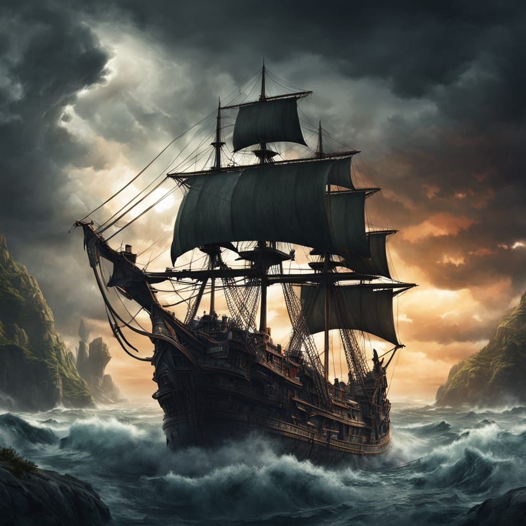 Pirate Ship Navigating Stormy Sea in Vintage Photograph