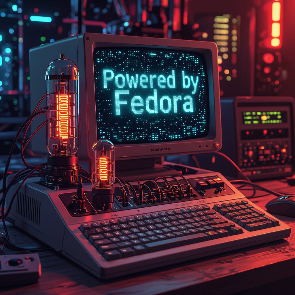 Retro Computer Powered by Fedora in Futuristic Style