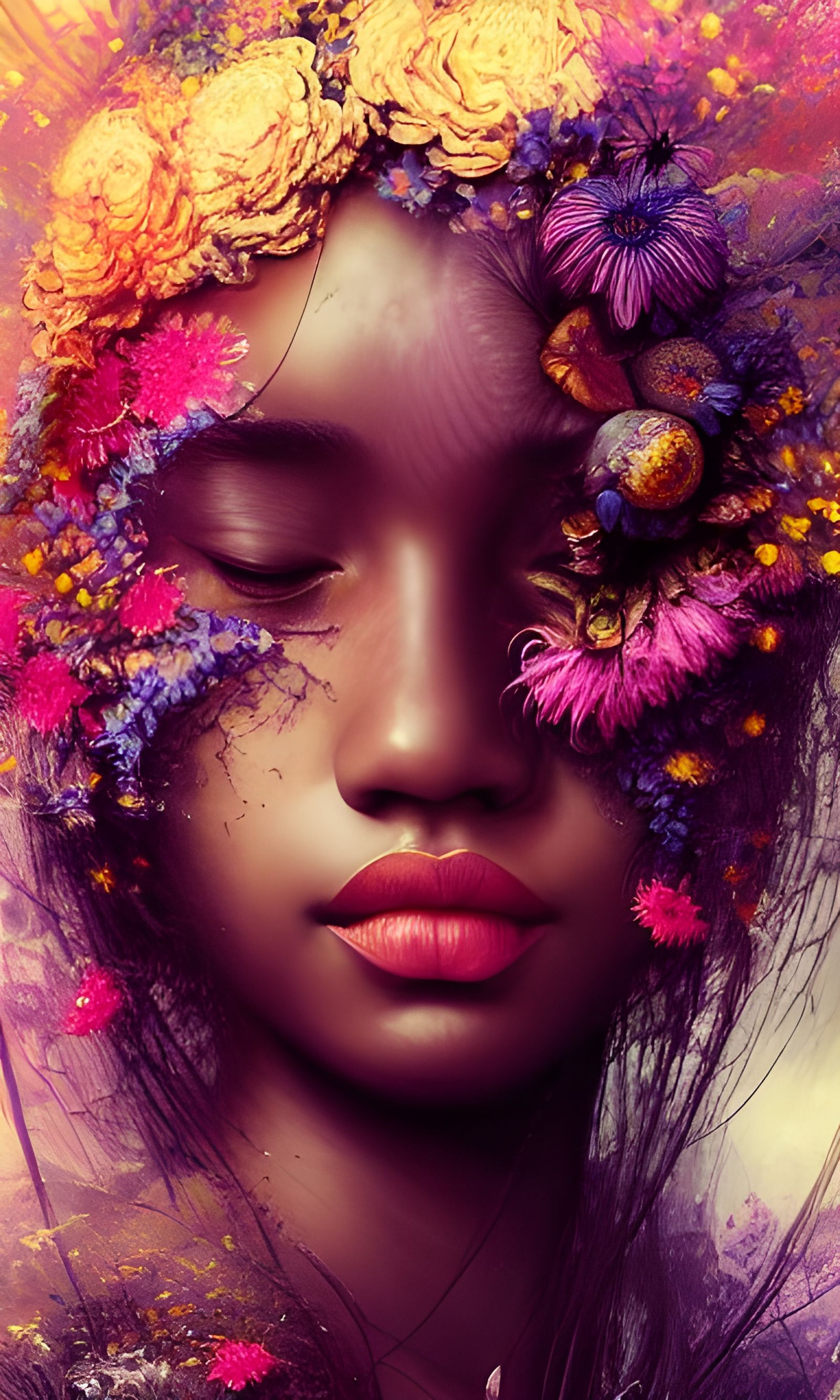 Goddess in Floral Embrace: Hyperrealistic Digital Art