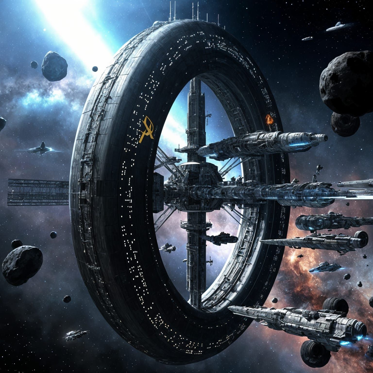 A majestic Soviet toroidal space station, (include the hammer and sickle emblazoned on the side) its metallic rings g...