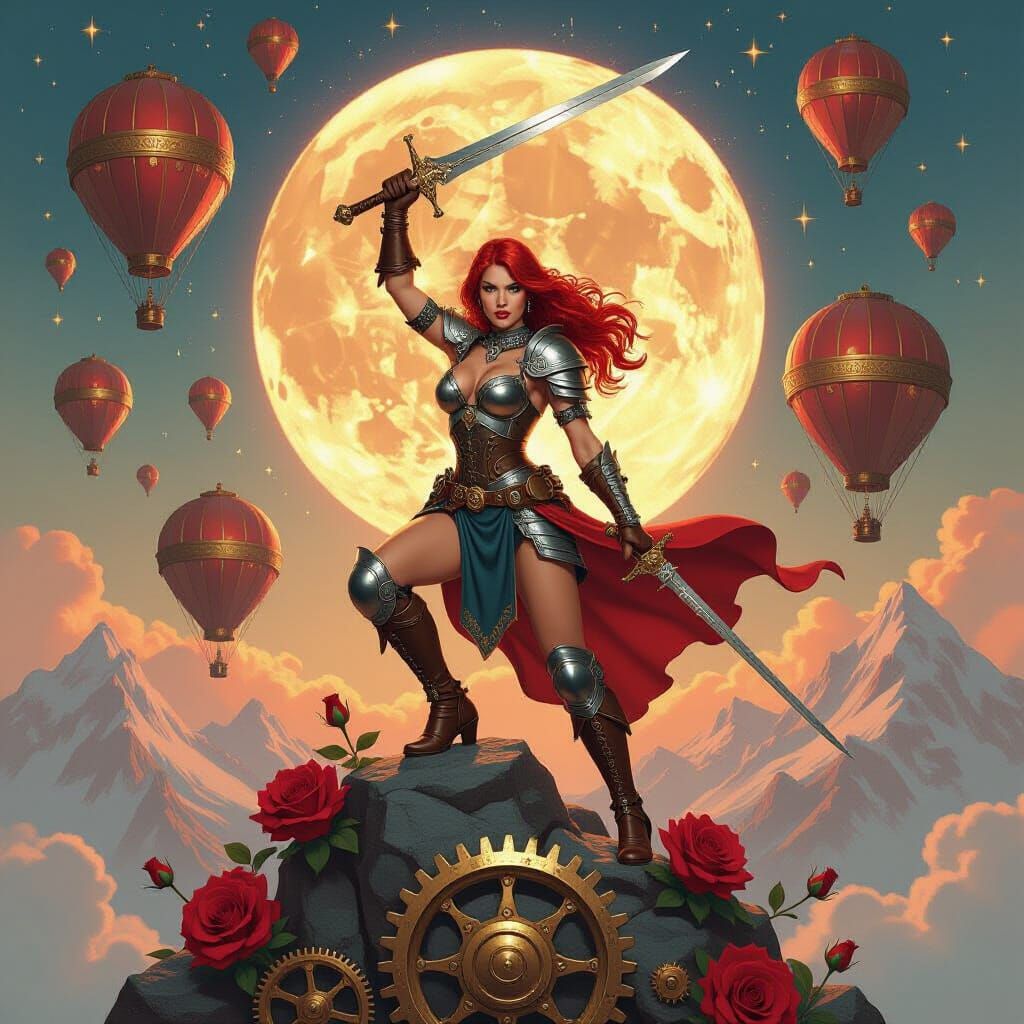 Red Sonja Steampunk Victory in Art Nouveau Style