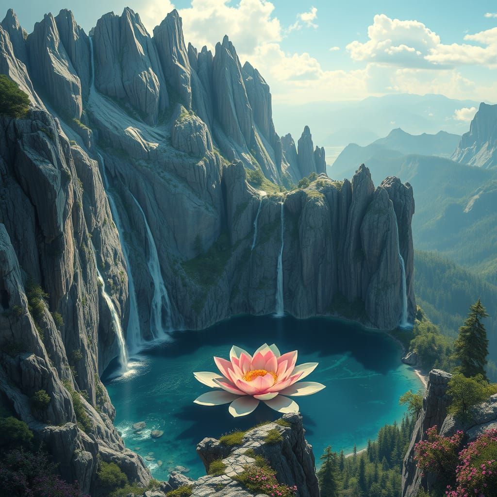 Mountaintop Sanctuary with Waterfalls and Flower Lake