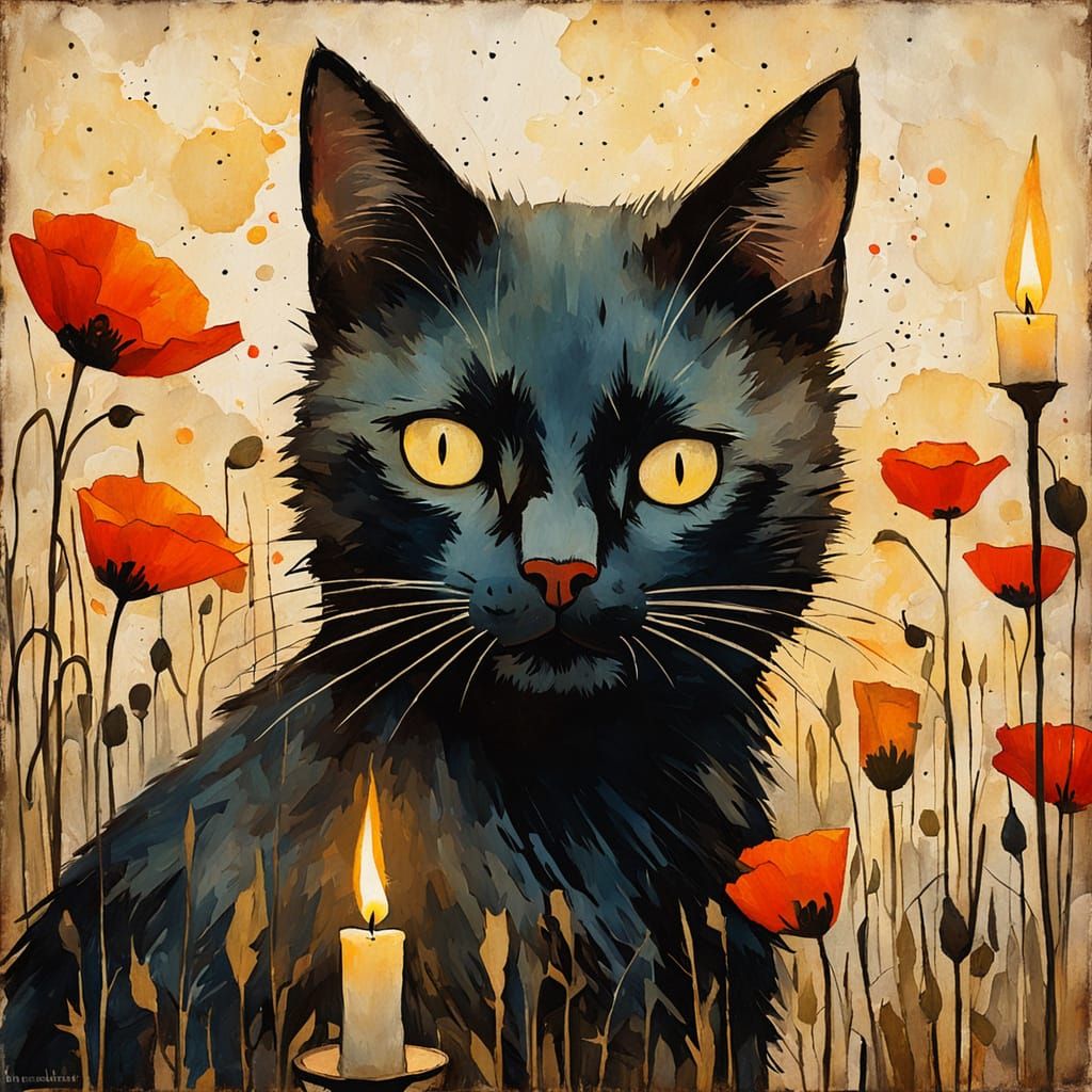 Whimsical Black Cat in Warm Golden Light