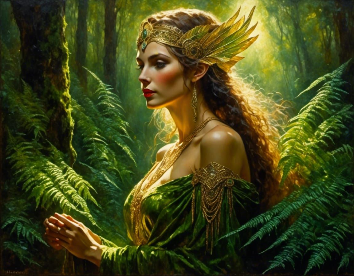 Elven Woman in Forest: Hyperdetailed Oil Painting
