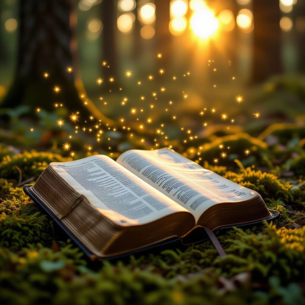 Bible Open to John 3:16 in Magical Forest Sunrise