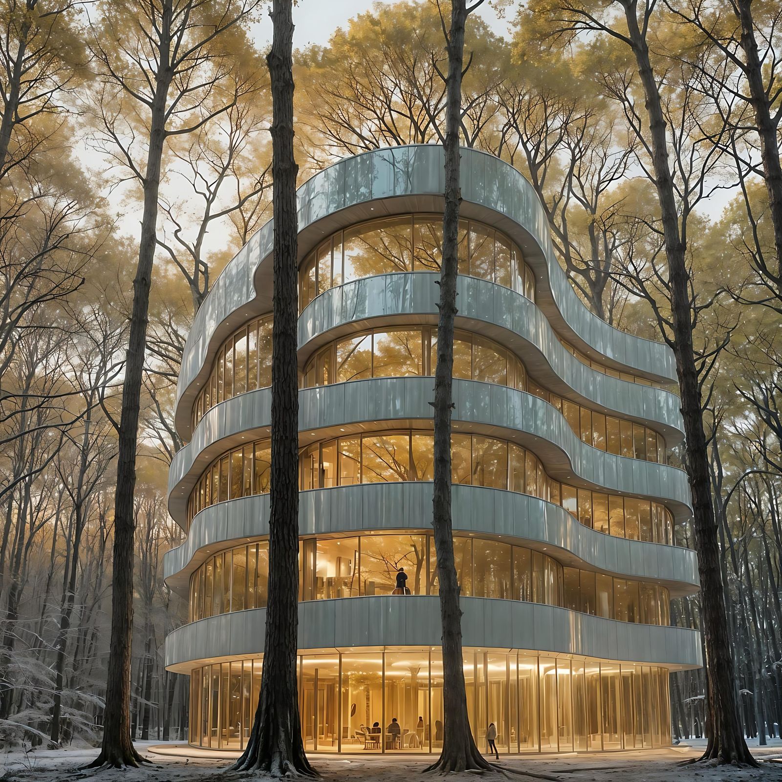 Curved Chrome Building in Woods, Cinematic Style