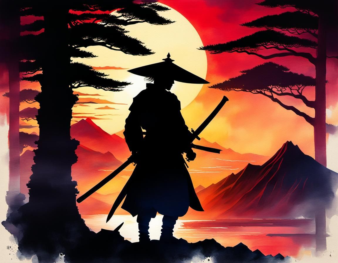 Samurai Silhouette in Hawaiian Tokyo: Watercolor Oil Paintin...