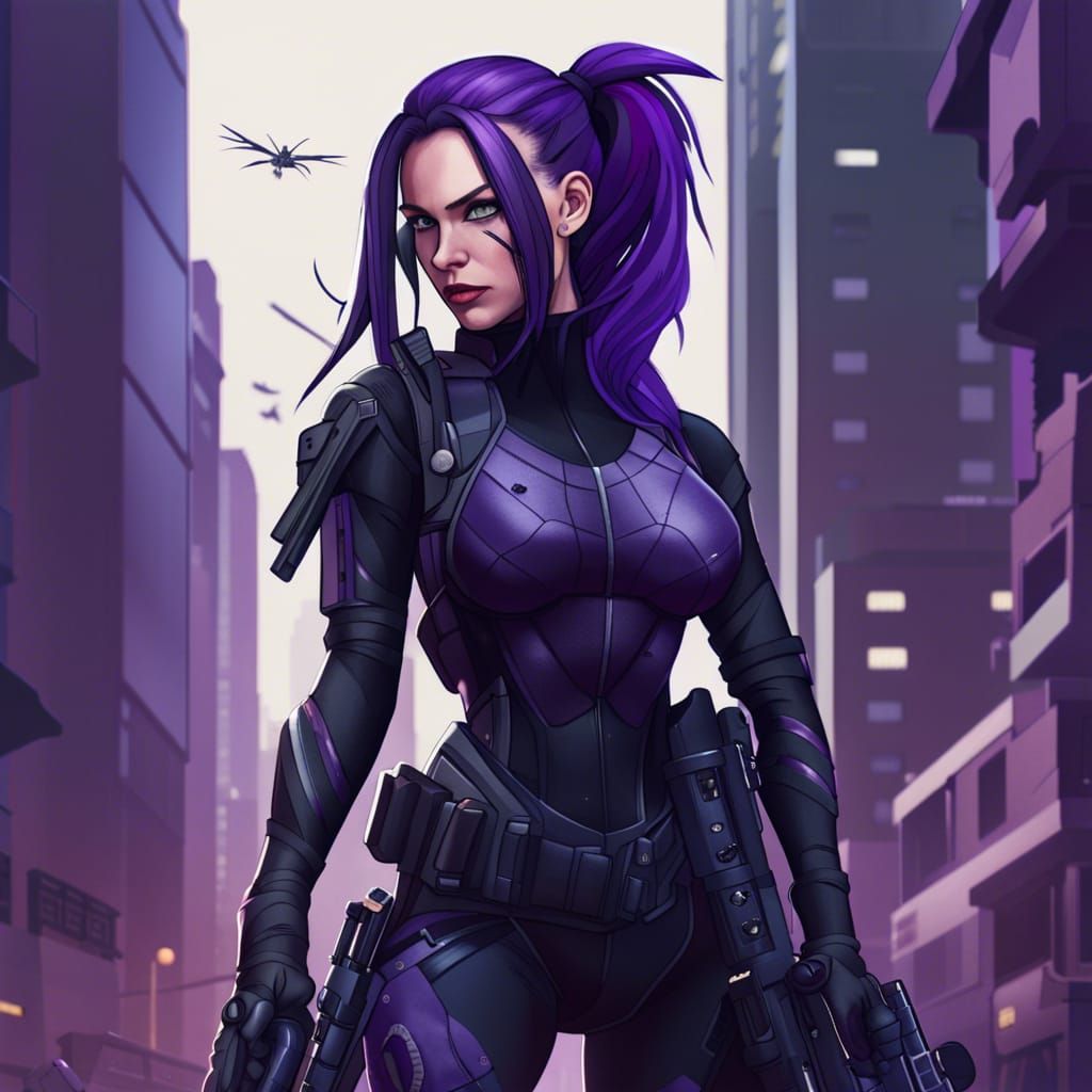 Young Assassin in Dark Spider Armor, Cyberpunk Cityscape