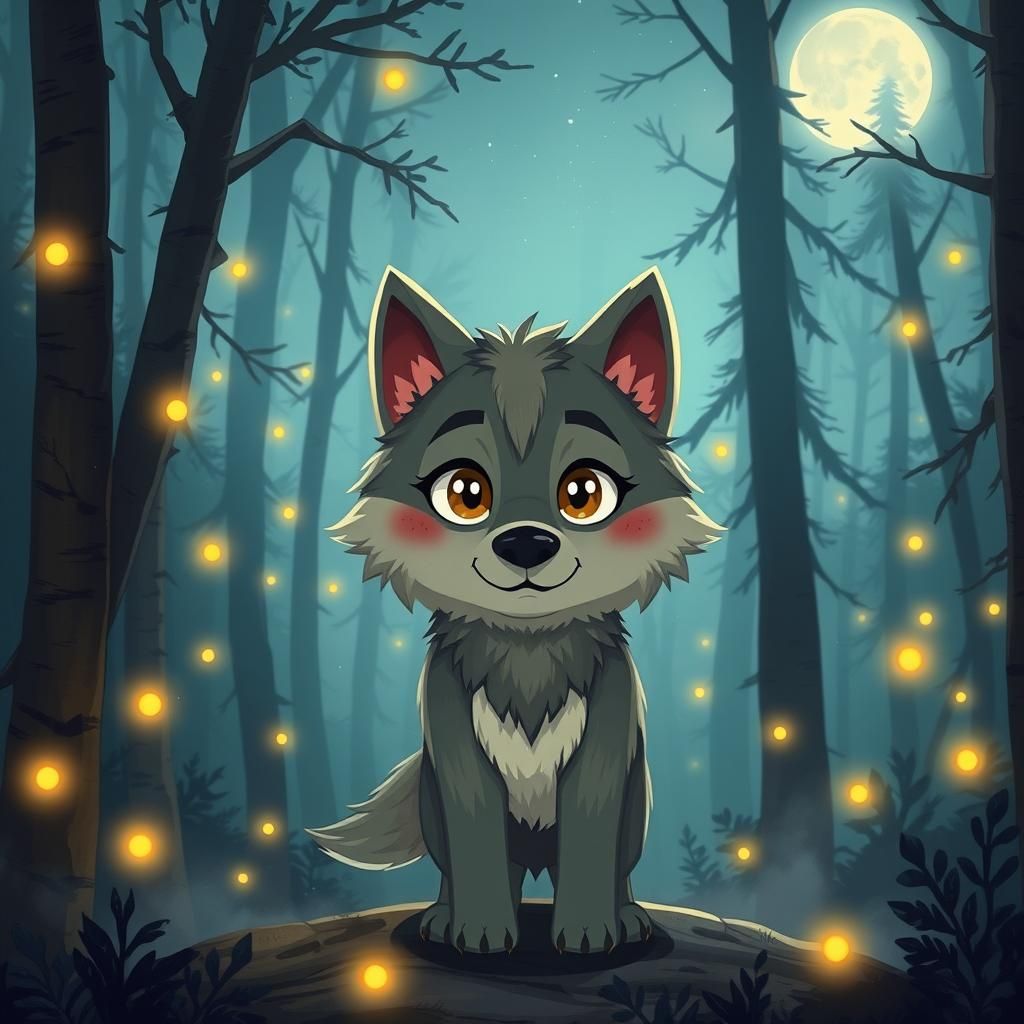 Cartoon Werewolf in Misty Forest, Whimsical Illustration