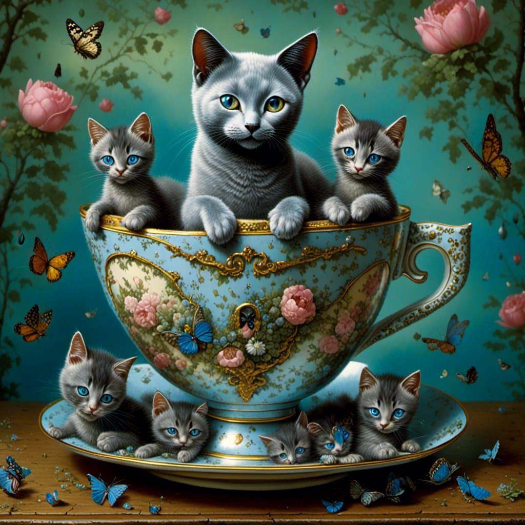 Russian blue mama cat with kittens in a teacup