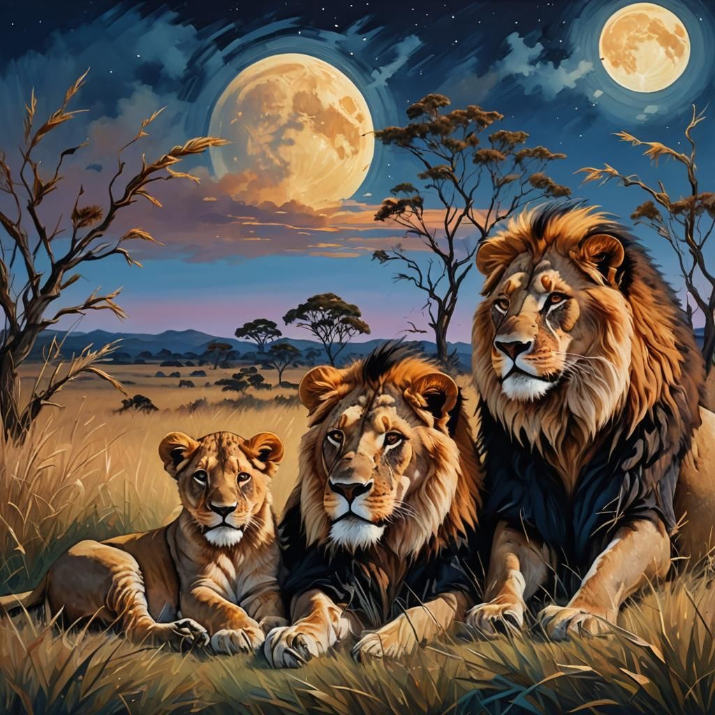 Lion Family Resting on Savannah, Oil Painting