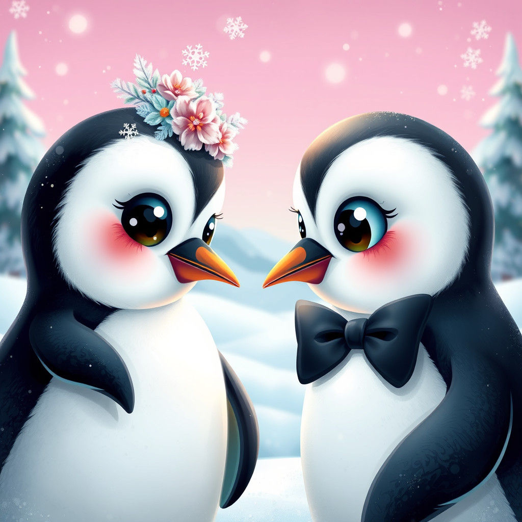 Penguins on a Date in Art Nouveau Style