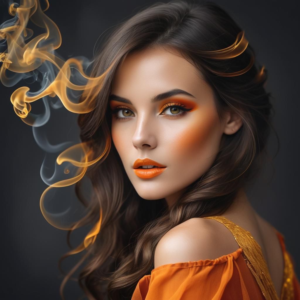 Brunette Woman in Golden Orange Smoke