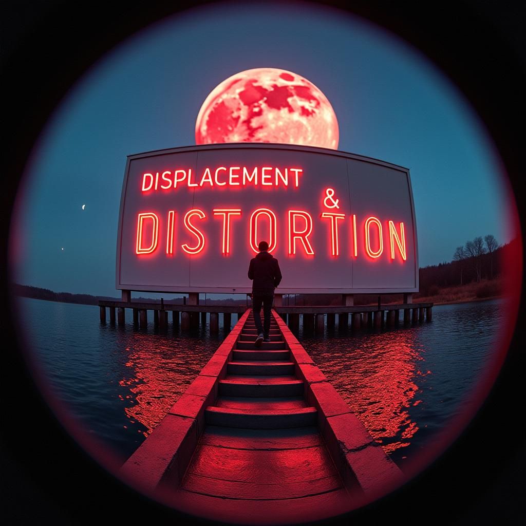 Surreal Fisheye View of Stairs with Neon Billboard